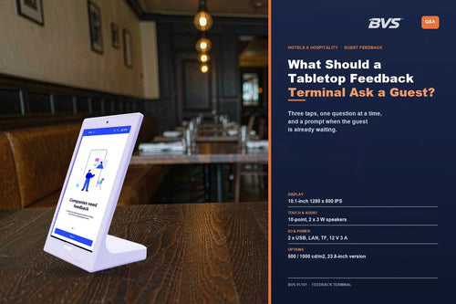 BVS YL101 tabletop Android feedback terminal on a restaurant table