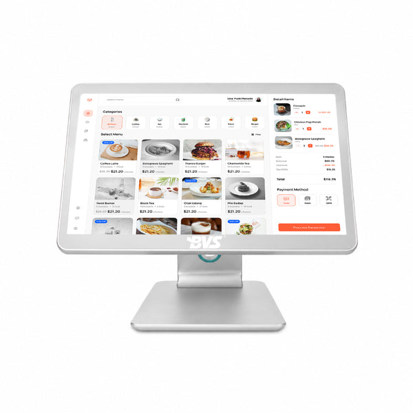 BVS-SW156O1 Silver Aluminum Stand POS Terminal with RK3566 Android 4GB RAM 32GB Storage, ABS Rear Housing, Optional Intel Core Windows System for Retail Checkout and Restaurant Order Management